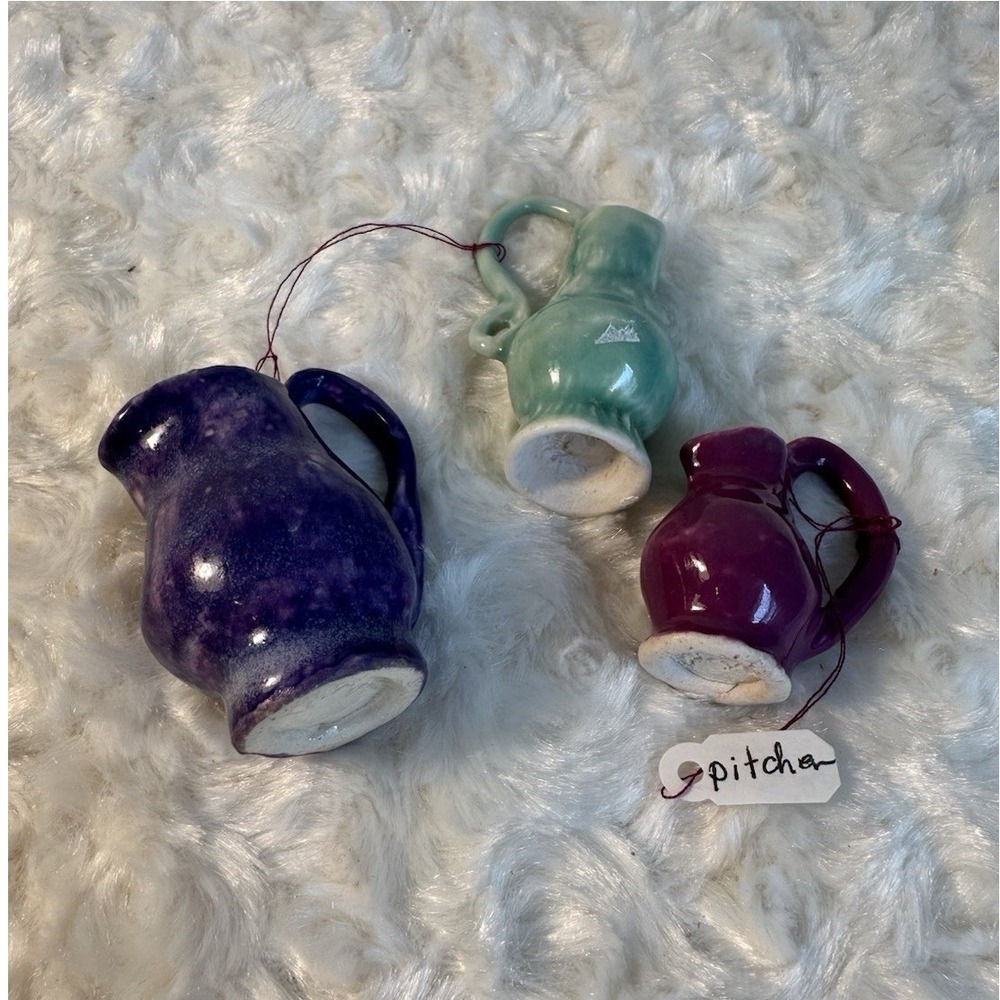 Miniature Ceramic Pitchers Lot Set of 3 Purple Green Burgundy Dollhouse Décor